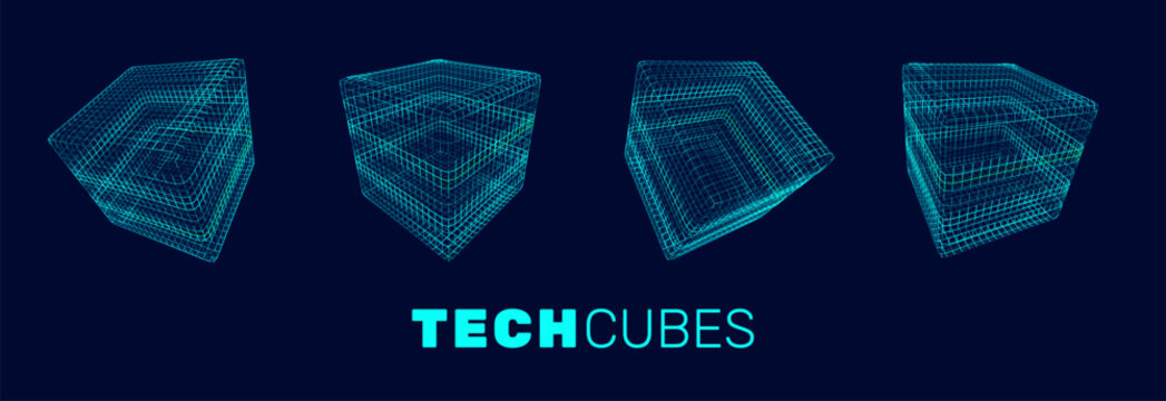 Set of Blue Technology Cubes. Hi-Tech Grid Style Wireframe 3D Forms. Round Cubes. Artificial Intelligence HUD Design Element. Cloud Computing Server Technology Concept. Vector Illustration.