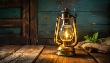 Vintage Illumination: Antique Kerosene Lamp on Rustic Wooden Table - obrazy, fototapety, plakaty
