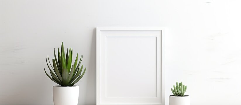 Two houseplants in flowerpots stand alongside a picture frame indoors. The rectangle frame hangs on a wood wall in a room with a grass landscape