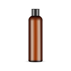 Amber Cosmetic Bottle Mockup With Black Plastic Cap. Shampoo Or Shower Gel Packaging, Isolated On White Background. Vector Illustration