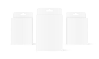 Three Hanging Packaging Boxes, Front View, Isolated On White Background. Vector Illustration