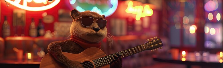 A cinematic still of an anthropomorphic beaver wearing sunglasses playing the guitar in front of neon lights - obrazy, fototapety, plakaty