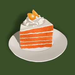 Illustration of the piece of carrot cake on the plate. Sweet dessert with whipped cream and physalis or cape gooseberry. Hand drawn digital art
