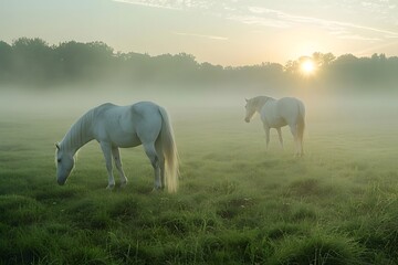 morning sun shines on two white horses grazing - obrazy, fototapety, plakaty