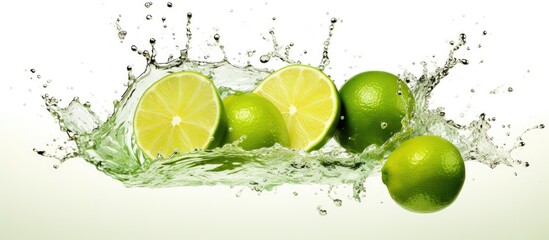 Citrus fruits like limes and sweet lemons are floating in a refreshing pool of liquid water. The citric acid from the lemon peel blends perfectly with the drink