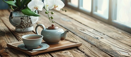 A wooden tray on a table holds a teapot and a cup of tea. The cozy scene is complemented by a potted plant by the window of the house - obrazy, fototapety, plakaty