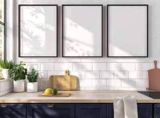 Frame mockup, Luxurious Kitchen Interior with Marble Countertops and Walls, high-resolution (300 DPI)