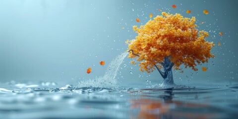Charming 3D render cute of a young professional watering a vibrant, growing tree with leaves representing various self-care and productivity habits, set against a soft, gradient background - obrazy, fototapety, plakaty