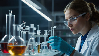 Fototapeta premium Female scientist in laboratory wearing protective glasses