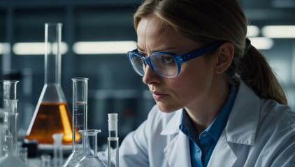 Female scientist in laboratory wearing protective glasses