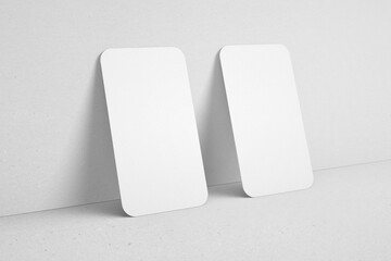 empty minimal clean 90x50 mm vertical branding identity business name card with round edge corner realistic mockup design template 3d render illustration