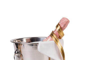A bottle of champagne in an ice bucket. - 766146634