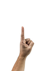 A man's hand with the index finger raised up.