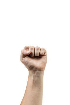 A man's hand with a fist raised in the air.