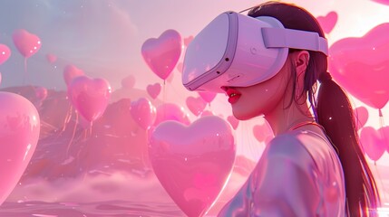 hearts in virtual reality: a dark-haired woman explores a whimsical world of floating pink hearts in VR - obrazy, fototapety, plakaty