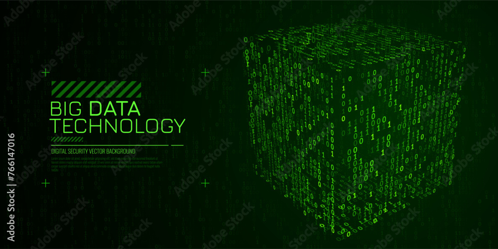 Poster Big Data 3D Cube in Matrix Style. Quantum Computer CPU Core Code Concept Background. 3D Blockchain Cube Blocks Concept. Data Sorting. Artificial Intelligence HUD Design Element. Vector Illustration.
