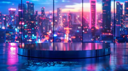 Glass podium cityscape night backdrop