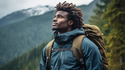 portrait of a black man traveling in the mountains, a person of color, an African person, hiking with a meaningful expression 