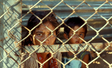 Color photo - Women and children trapped behind the fence, seeking asylum