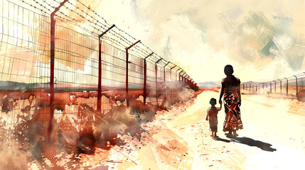 Color illustration - Invisible walls: the struggle of women and children migrants - obrazy, fototapety, plakaty