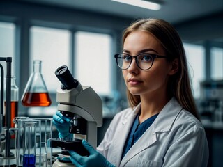 female scientist looking at a microscope