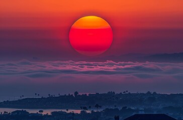 Obraz premium The sun gradually dips below the horizon, casting a warm glow on the clouds in the sky