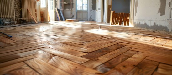 The building has a room with hardwood flooring featuring a herringbone pattern. The wood stain enhances the beauty of the plank floor - obrazy, fototapety, plakaty