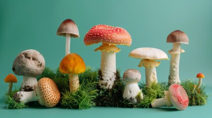 Various mushrooms on a green background. Studio food editorial photo of mushrooms, creating a serene still-life composition.