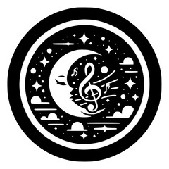Music logo icon sign. Streaming with relaxing moon and music elements. Music Icon with sleeping half moon and stars. 