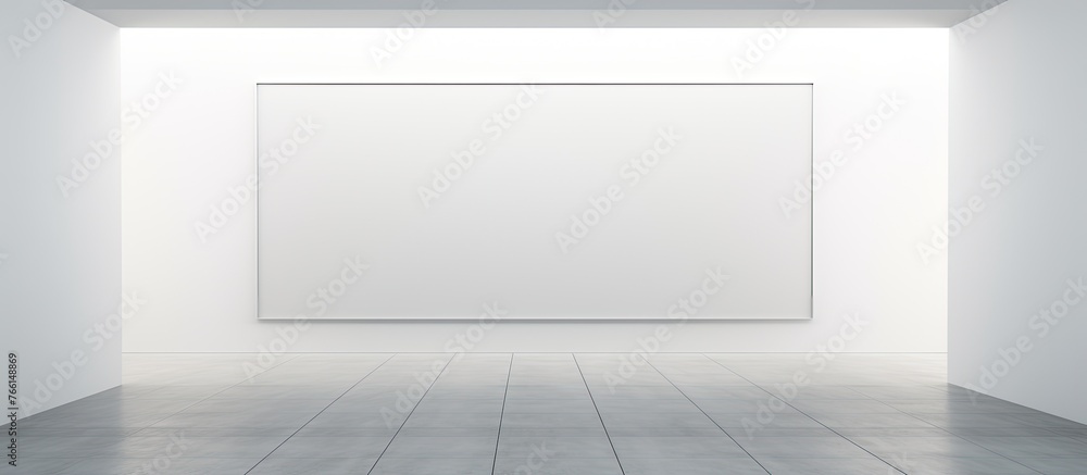 Poster a close up showing a white square frame placed on a tiled floor in a room