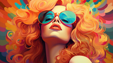 Closeup illustration of happy fair haired woman wearing sunglasses with her short curly hair and smiling, enjoying the summer season outside. - obrazy, fototapety, plakaty