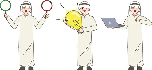 Muslim or Arab businessman character pose set. Vector doodle cartoon design.