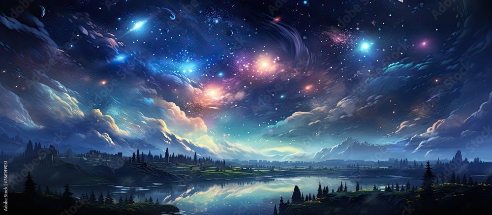 Poster dark background of a night sky adorned with twinkling stars and distant planets, creating a mesmeriz