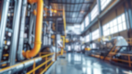 Blurred factory interior, defocused manufacturing line with gas pipe, boiler and machinery inside heavy industry plant control room, production workshop, industrial warehouse background for design