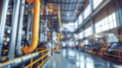 Naklejka premium Blurred factory interior, defocused manufacturing line with gas pipe, boiler and machinery inside heavy industry plant control room, production workshop, industrial warehouse background for design