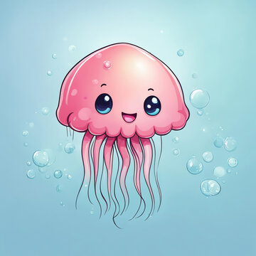 cute pink jellyfish, marine life, sea, illustration. artificial intelligence generator, AI, neural network image. background for the design.