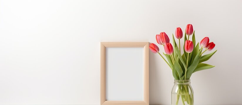 A vase filled with vibrant red tulips sits on a wooden table next to a stylish picture frame