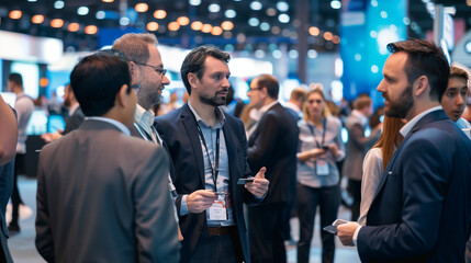 Group of male professionals networking at a business conference with copy space