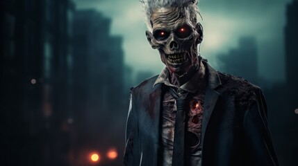 A zombie man in a suit is standing in front of a city