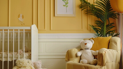 copy space, stockphoto, detailed photography of a baby bedroom mockup. Beautiful decorated baby bedroom. Background photo for birth card, inviatation, greeting card. Teddy bear in the room.