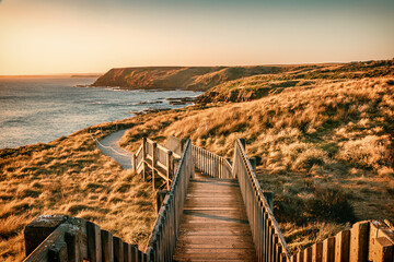 The view of the coastal boardwalk in the Philip Island in the dusk - obrazy, fototapety, plakaty