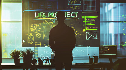 Silhouetted Businessman with Digital Project Strategy Concept