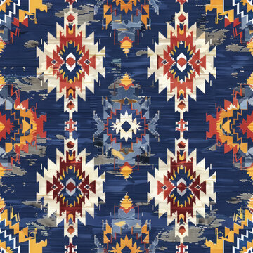 A colorful rug with a pattern of red, yellow, and blue triangles