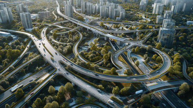 Aerial View of Highway Interchange, Urban Planning, Green City Concept