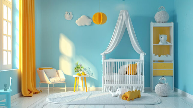 copy space, stockphoto, detailed photography of a baby bedroom mockup. Beautiful decorated baby bedroom. Background photo for birth card, inviatation, greeting card. Teddy bear in the room.