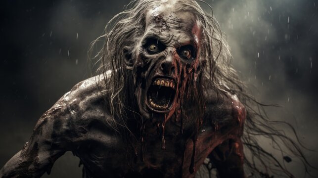 A zombie monster with blood dripping from its mouth and eyes