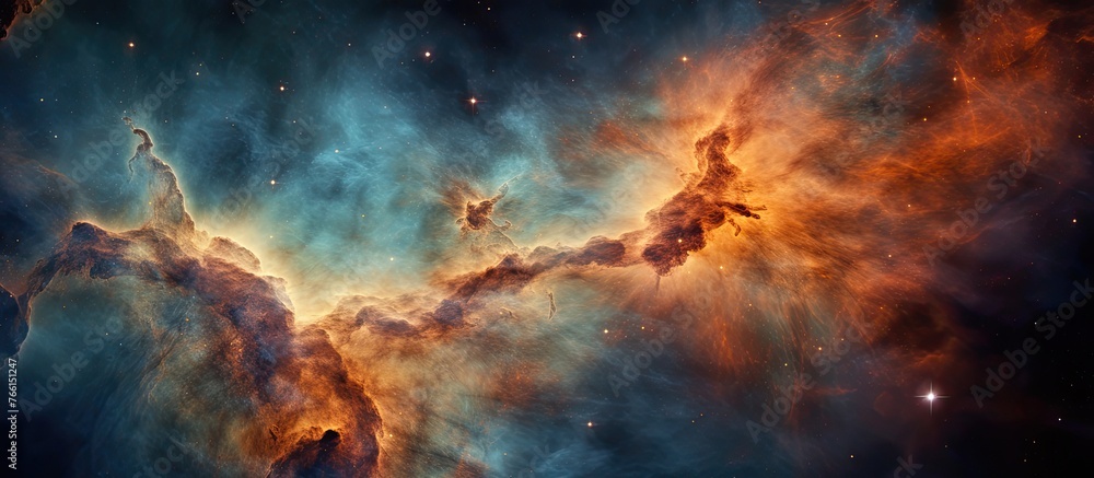 Poster an artistic representation of a vibrant nebula in the vast sky, displaying a mix of colorful clouds 