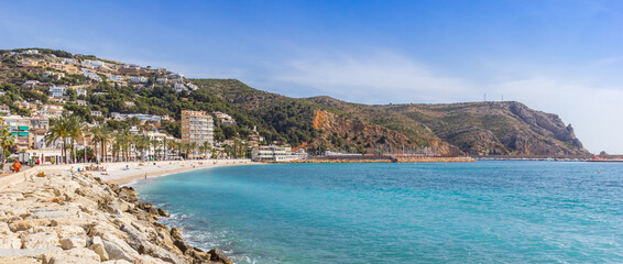 Panorama of the coast along the bay in Javea, Spain