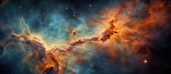 An artistic representation of a vibrant nebula in the vast sky, displaying a mix of colorful clouds and astronomical objects, creating a mesmerizing scienceinspired landscape - obrazy, fototapety, plakaty