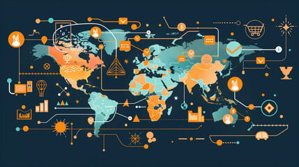 Global Logistics Network Concept, International Business, Orange and Blue Infographic